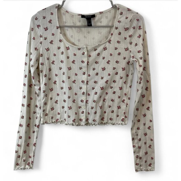 Forever 21 White Floral Button-Up Cropped Cardigan With Long Sleeves Size M - Picture 1 of 8